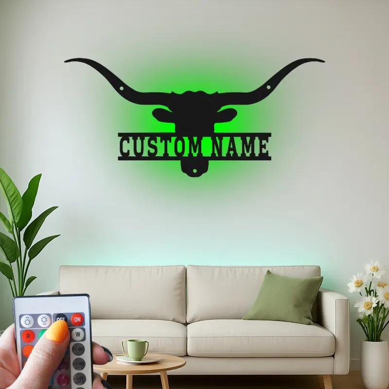 Décoration murale en métal personnalisée avec longhorn et rétroéclairage LED - Cadeau ranch, décoration western pour salon ou man cave