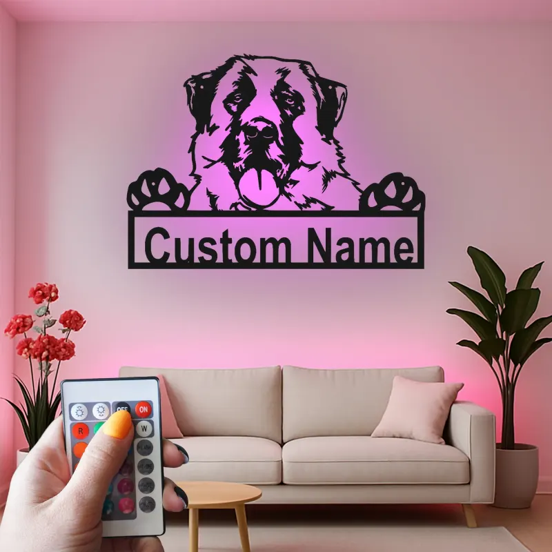 Décoration murale en métal LED personnalisée Saint Bernard - Cadeau pour amoureux des chiens, décoration pour salon