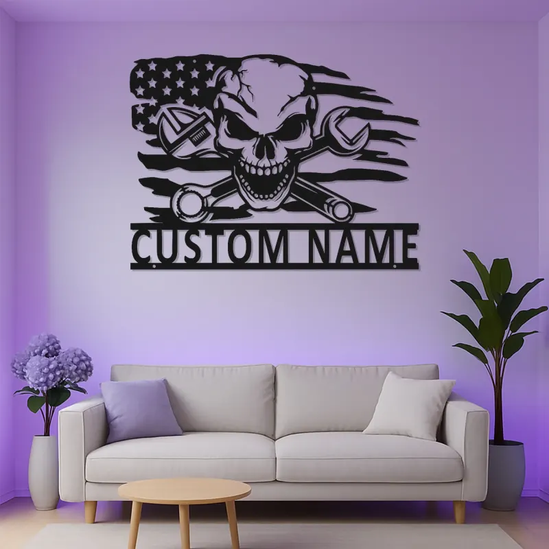 Panneau de garage mécanicien personnalisé | Art mural en métal crâne avec LED | Décor de cave à vin avec drapeau américain | Cadeau pour lui