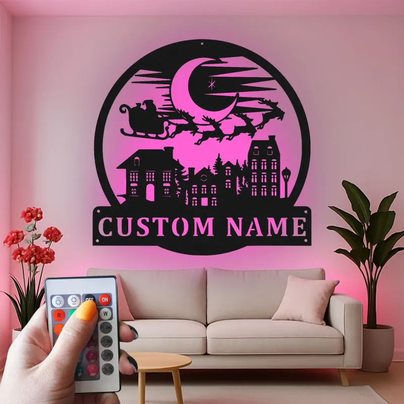 Cartel de metal personalizado de trineo de Santa | Decoración mural navideña LED | Placa de nombre personalizada para hogares y oficinas