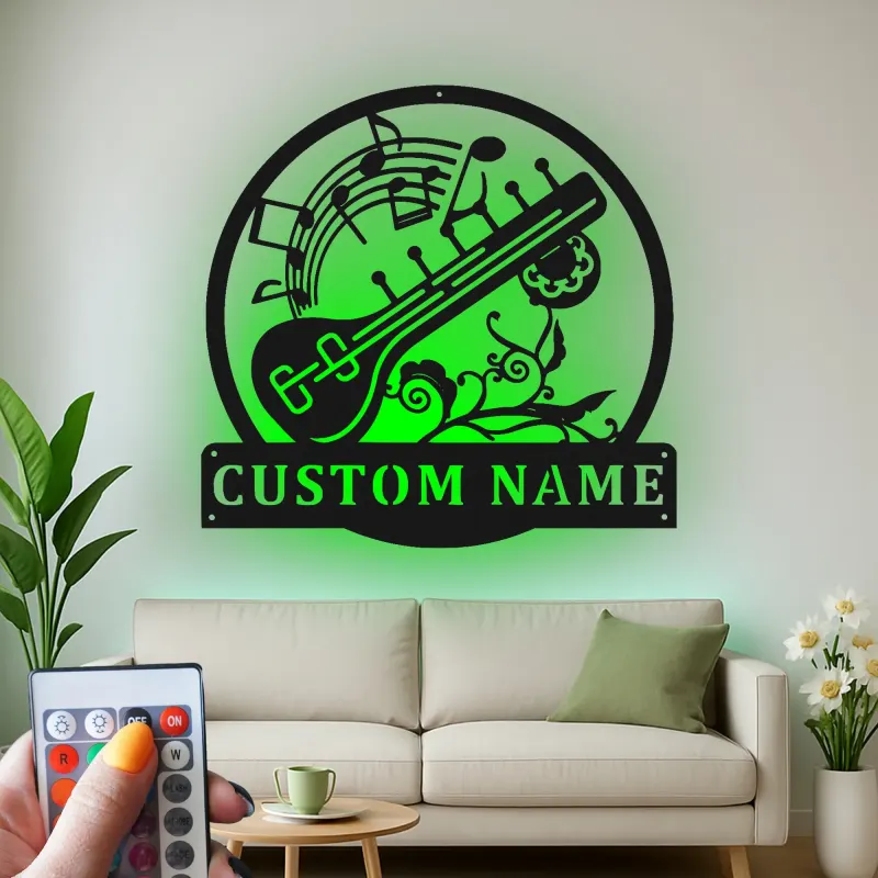 Personalized Sitar Metal Wall Art | LED Music Notes Decor | Custom Musician Name Sign | Indian Instrument Art