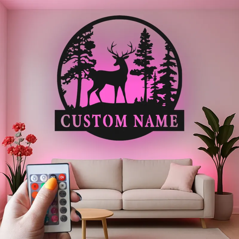 Insegna in metallo LED personalizzata con cervo e foresta, regalo per amanti della natura, decorazione rustica per soggiorno