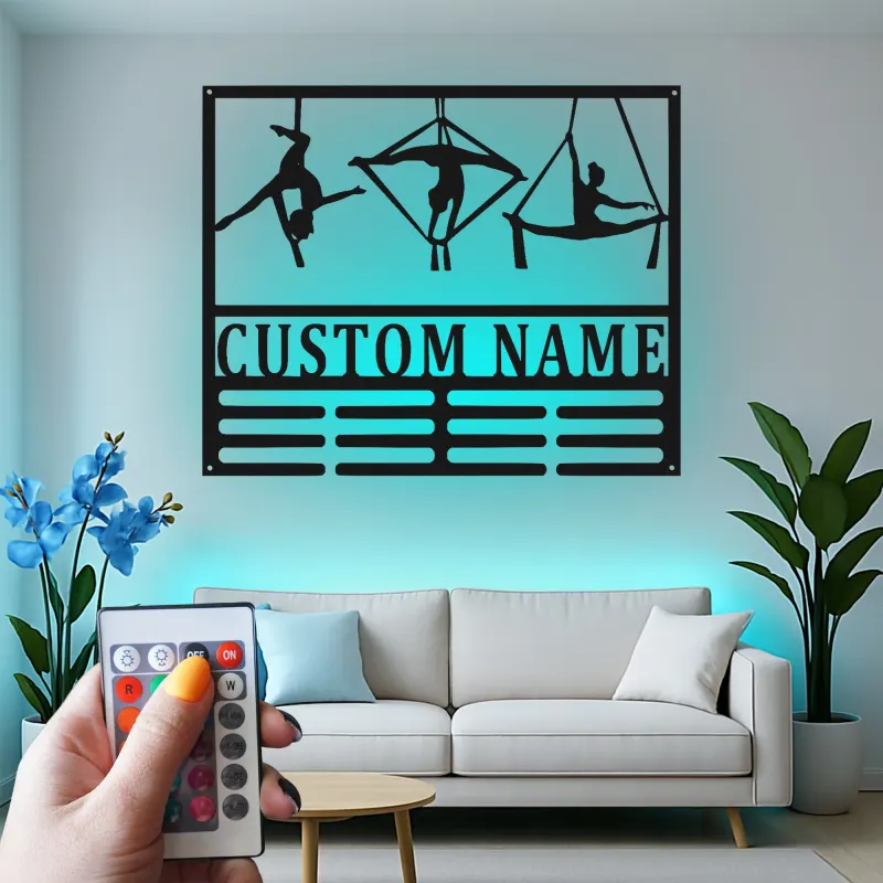 Insegna in metallo personalizzata con silhouette aerea e luce LED - Regalo per ginnasti, decorazione per studio o casa