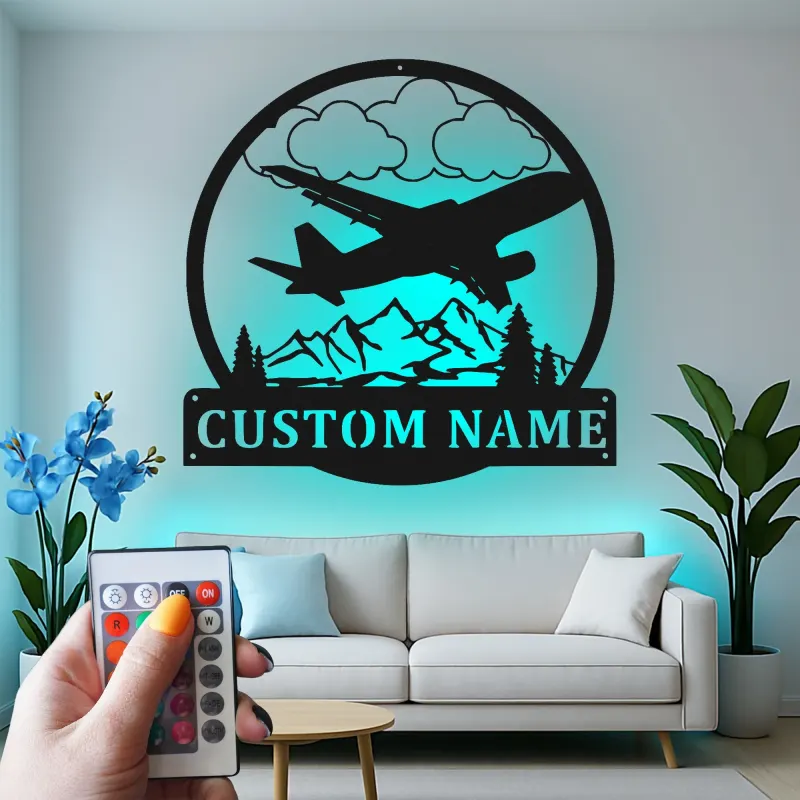 Personalisierte LED-beleuchtete Metall-Wandkunst Flugzeug Geschenk für Piloten Hangar oder Büro Dekor 1