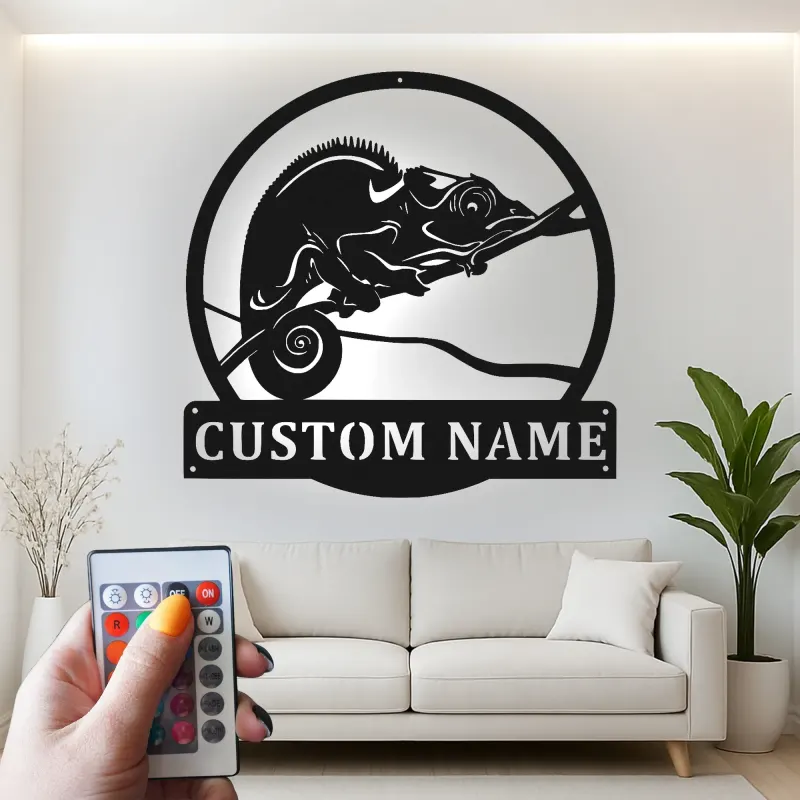 Insegna in metallo personalizzata con luce LED a forma di camaleonte, regalo unico per amanti dei rettili, decorazione per camera da letto