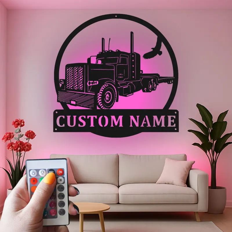 Custom Semi Truck LED Metal Sign | Personalized Trucker Name Art | Big Rig Decor for Man Cave | Gift for Driver