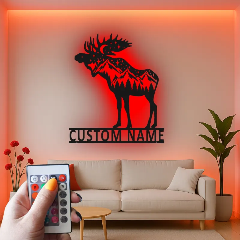 Panneau en métal personnalisé Élan | Décoration murale en métal LED personnalisée | Décor de cabane rustique pour amoureux de la nature