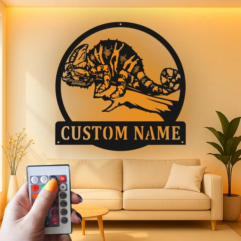 Insegna in metallo LED personalizzata a forma di camaleonte - Regalo unico per amanti dei rettili, decorazione per camera da letto o ufficio
