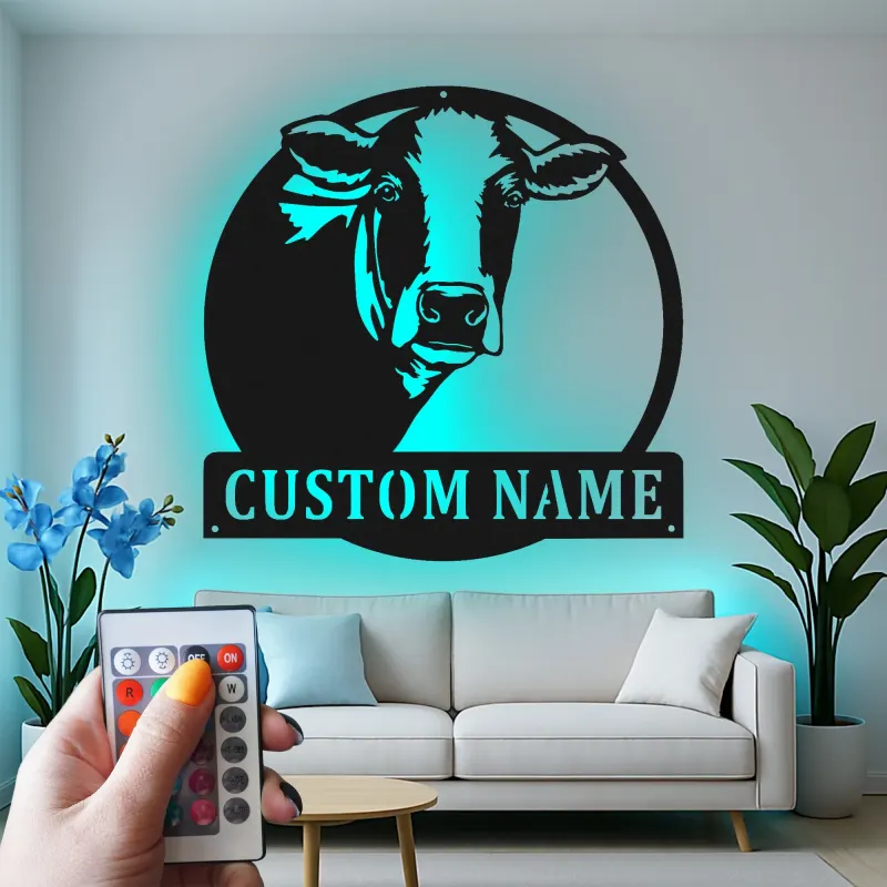 Personalisierte Kuh LED-beleuchtete Metall-Wandkunst – Geschenk im Landhausstil, rustikale Deko für Küche oder Scheune