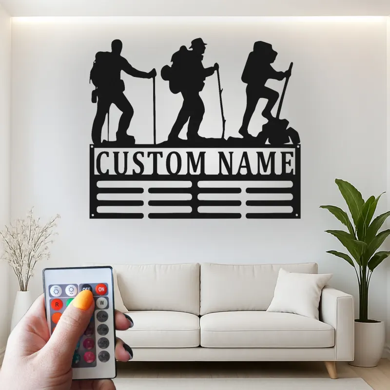 Custom Hiker LED Metal Art | Personalized Name Sign for Cabin Decor | Outdoor Enthusiast Gift