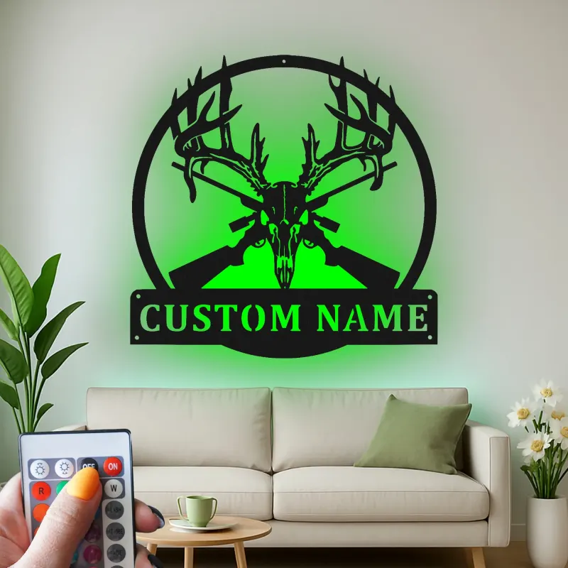 Décoration murale en métal personnalisée avec crâne de cerf et fusils, rétroéclairage LED, cadeau pour chasseur, décoration pour homme ou chalet