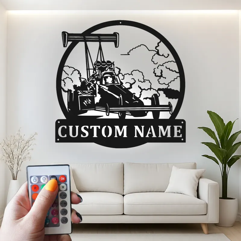 Cartel de metal personalizado con coche de carreras dragster con luz LED, regalo personalizado para entusiastas de los coches, decoración para garaje