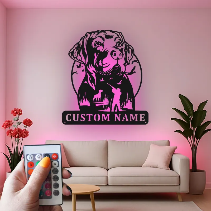 Insegna per Cacciatore Labrador Retriever | Insegna in Metallo LED Personalizzata | Regalo per Cacciatori per Man Cave | Decorazione per Caccia all'Anatra