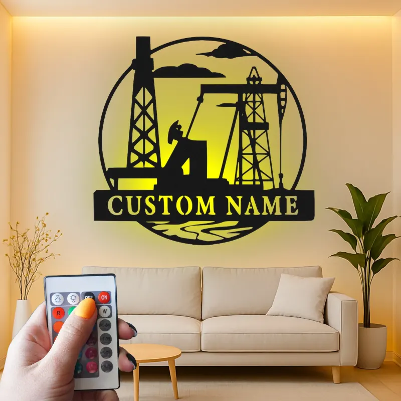 Cartel de metal personalizado de torre petrolífera | Arte mural LED industrial para oficina | Decoración personalizada con nombre de roughneck | Regalo para trabajador del sector petrolero