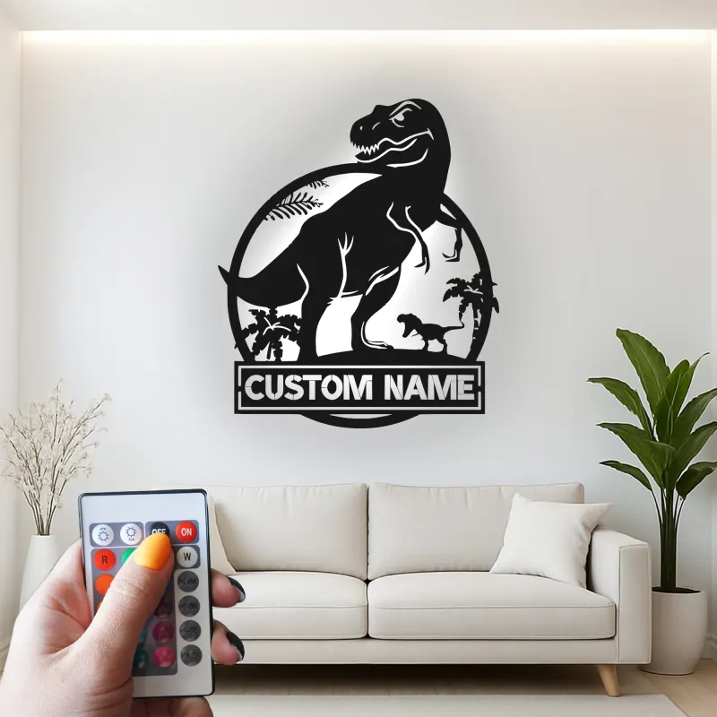 Personalisiertes T-Rex Dinosaurier LED Licht Metallschild Geschenk für Kinderzimmer oder Spielzimmer Dekor