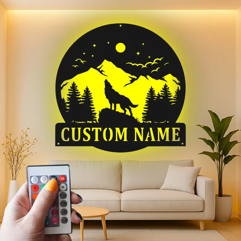Custom Wolf Mountain Scene Led Light Metal Wall Art Personalized Gift for Nature Lovers Rustic Cabin Decor