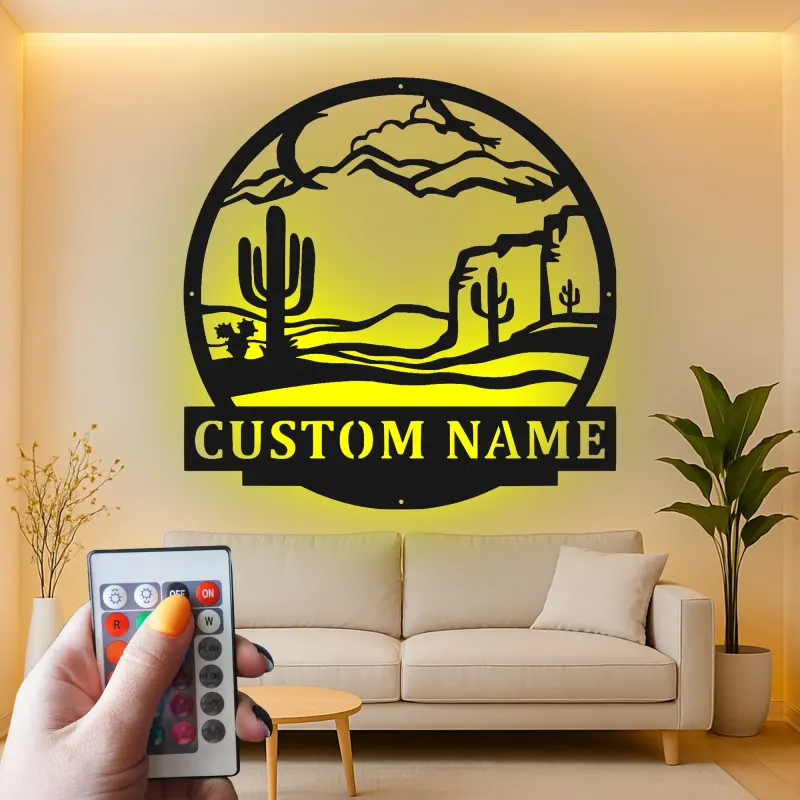 Custom Desert Landscape Led Light Metal Wall Art Personalized Gift for Nature Lovers Living Room or Patio Decor
