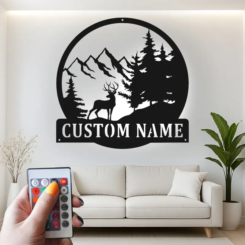 Custom Deer Mountain Scene Led Light Metal Wall Art Personalized Nature Lover Gift Cabin Decor