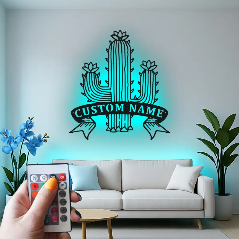 Insegna in metallo personalizzata con cactus e luce LED, regalo per amanti delle piante, decorazione per la casa in stile sud-ovest