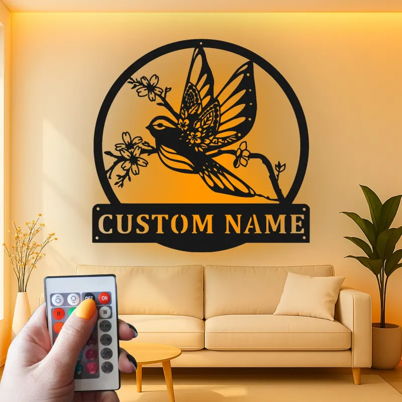 Insegna in metallo personalizzata con uccello e fiori e luce LED regalo per amanti della natura decorazione per camera da letto o soggiorno