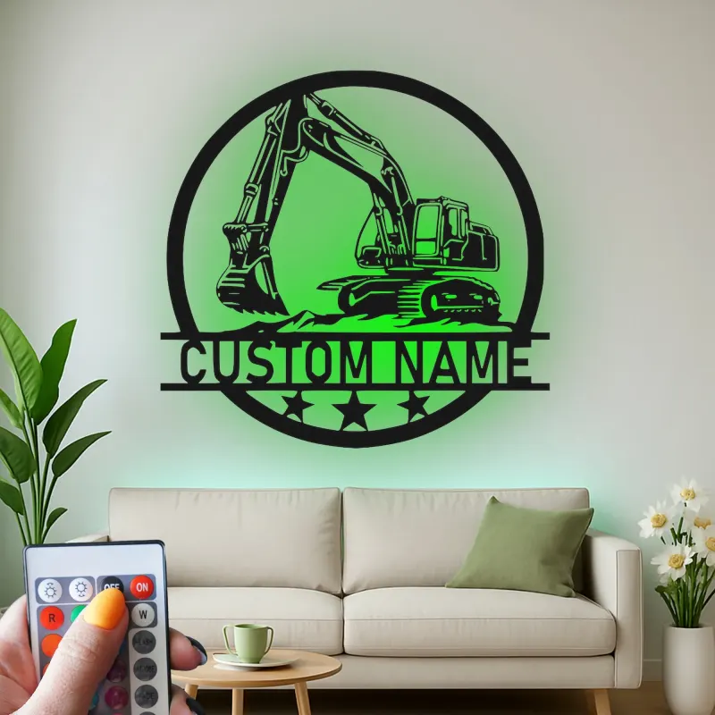 Décoration murale en métal LED personnalisée pour excavateur - Cadeau pour passionnés de construction, décoration de garage ou de bureau