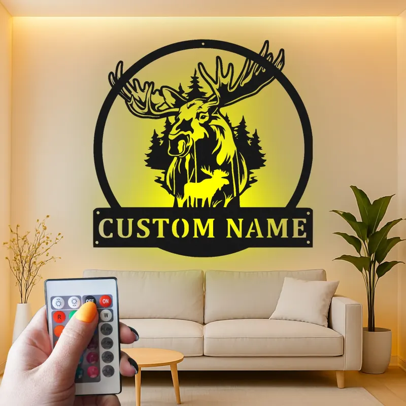 Insegna in Metallo Personalizzata con Alce | Arte Murale Faunistica con LED | Decorazione Rustica per Rifugio o Casa