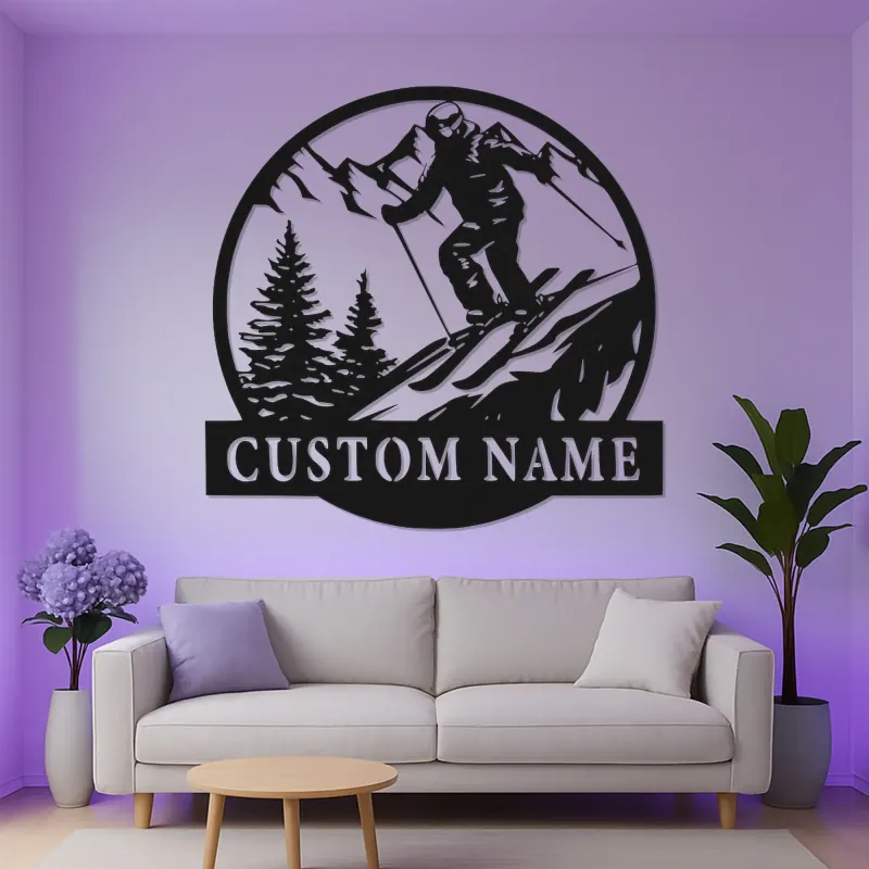 Custom Downhill Skier Metal Wall Art | Personalized LED Ski Decor | Mountain Lodge Sign | Winter Sports Gift