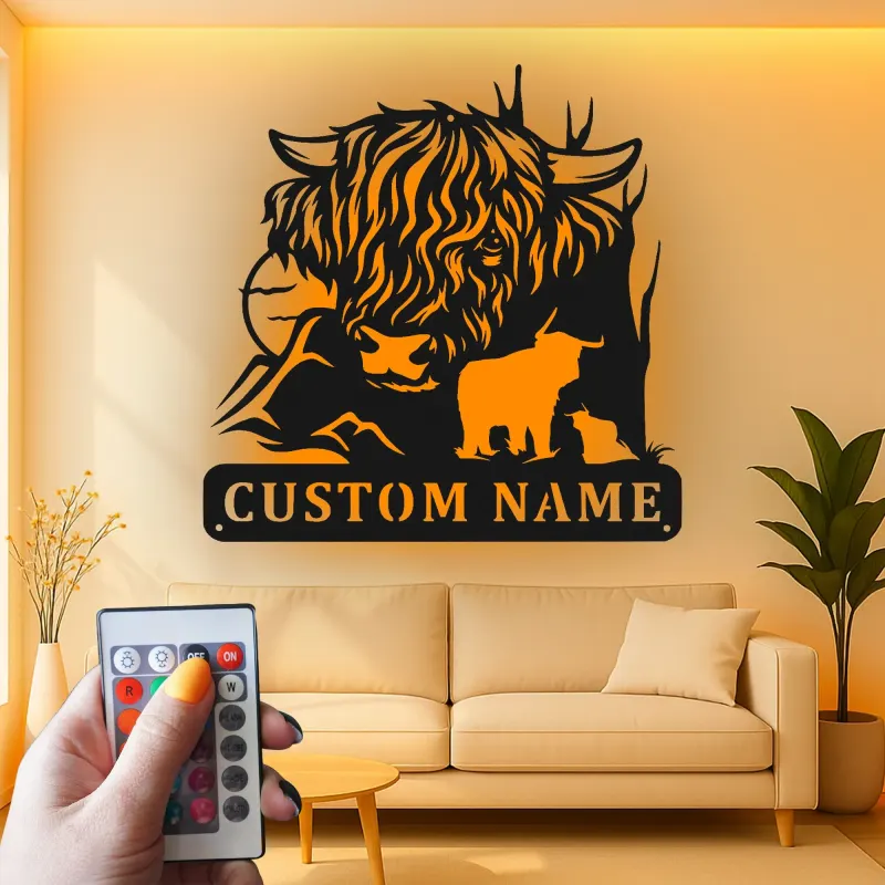 Decoración mural de metal LED de vaca de las Highlands | Decoración farmhouse personalizada | Letrero rústico a medida para amantes de los animales