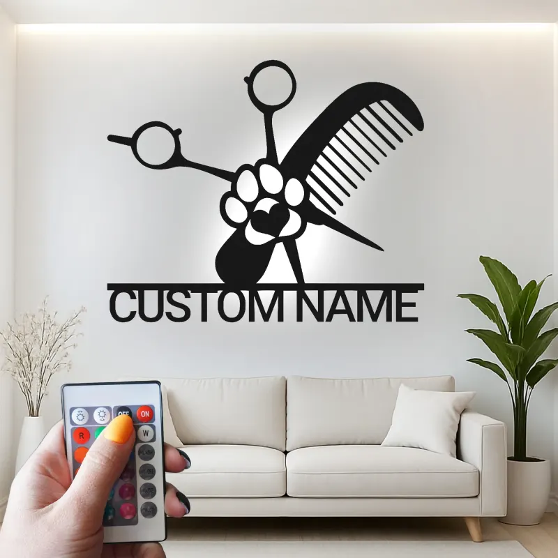 Personalized Pet Groomer Sign | Custom Metal LED Wall Art | Grooming Salon Decor with Name | Scissors & Comb Logo