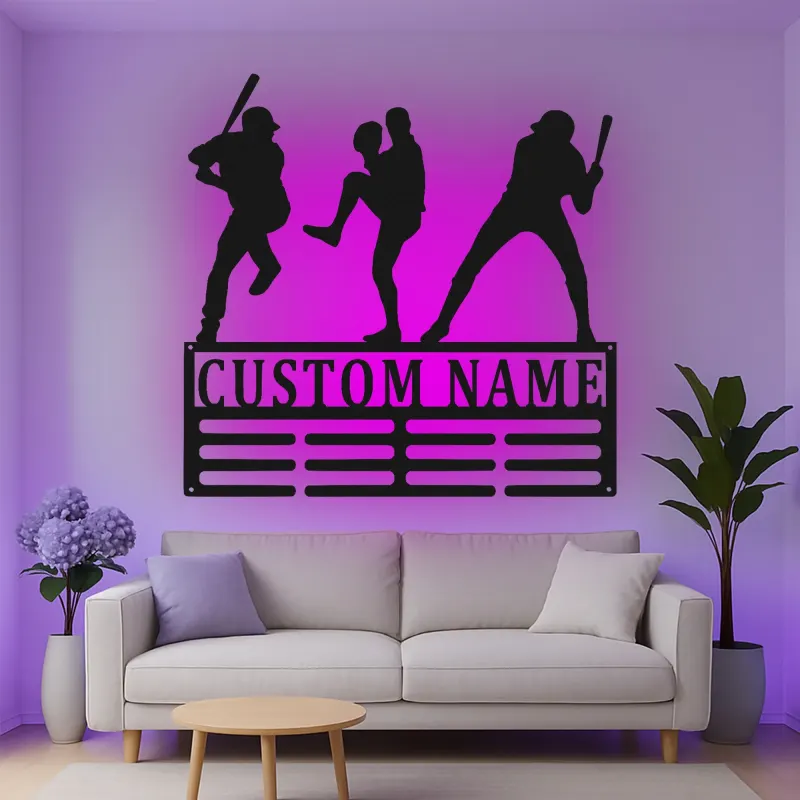 Décoration murale en métal personnalisée avec rétroéclairage LED pour joueur de baseball - Cadeau personnalisé pour les fans de sport