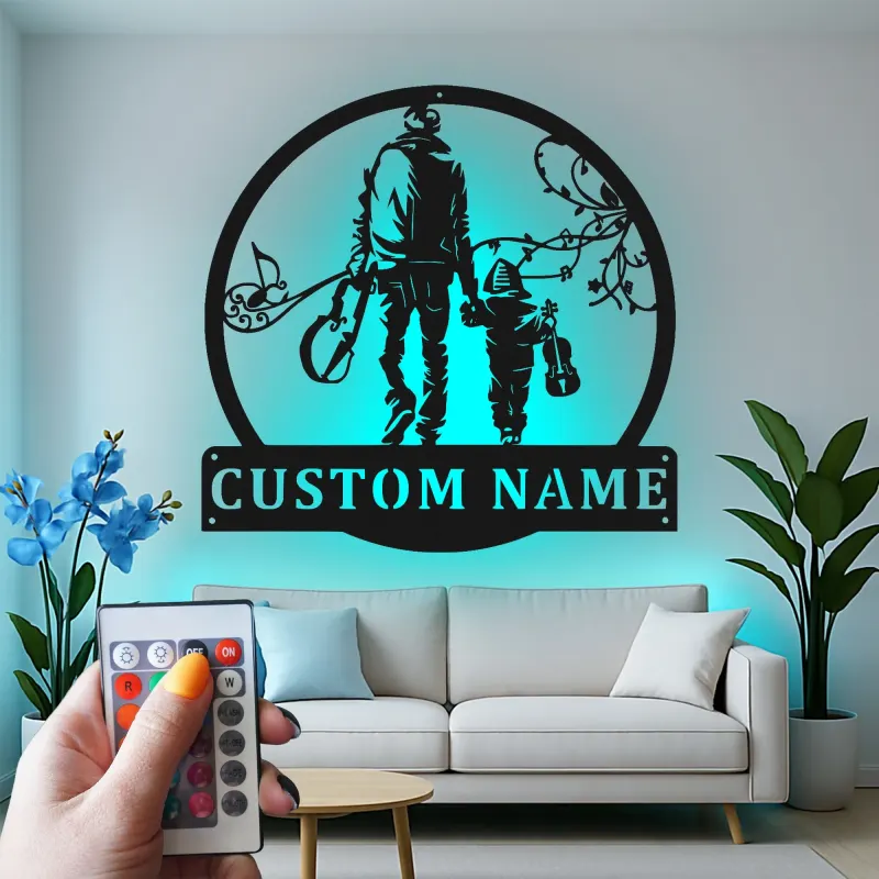 Personalisiertes LED-Metall-Wandbild Vater und Kind mit Musikmotiv – Geschenk für Musikliebhaber, Wohnzimmerdeko