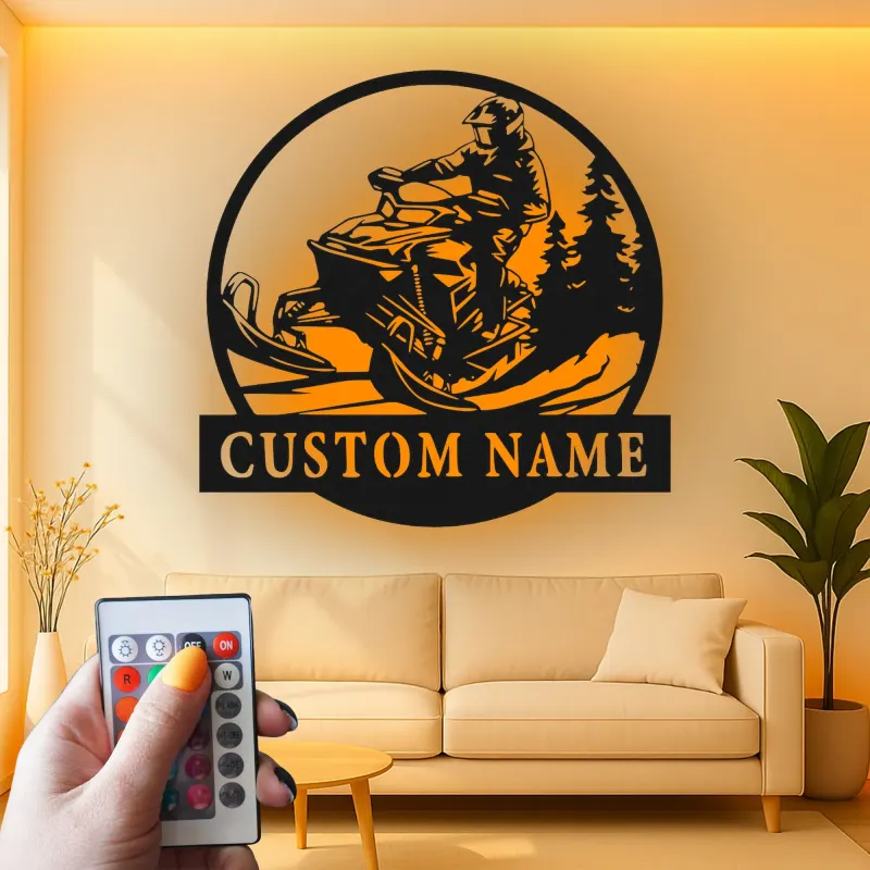 Personalized Snowmobile LED Metal Wall Art | Custom Name Sign for Rider | Winter Sports Decor & Outdoor Enthusiast Gift