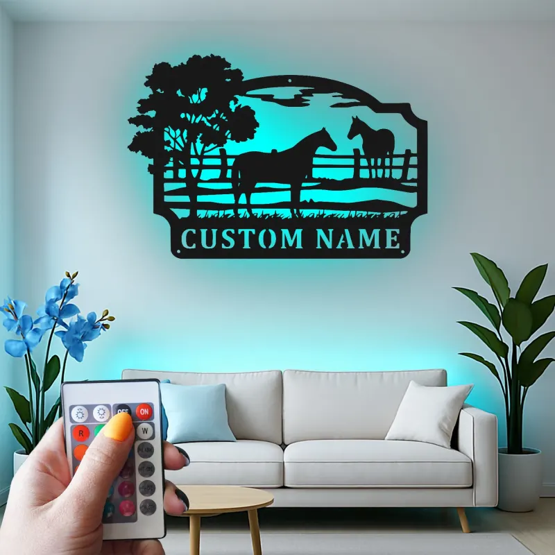 Insegna per Ranch di Cavalli Personalizzata con LED | Arte in Metallo Personalizzata | Decorazione Equestre per Regalo da Fattoria