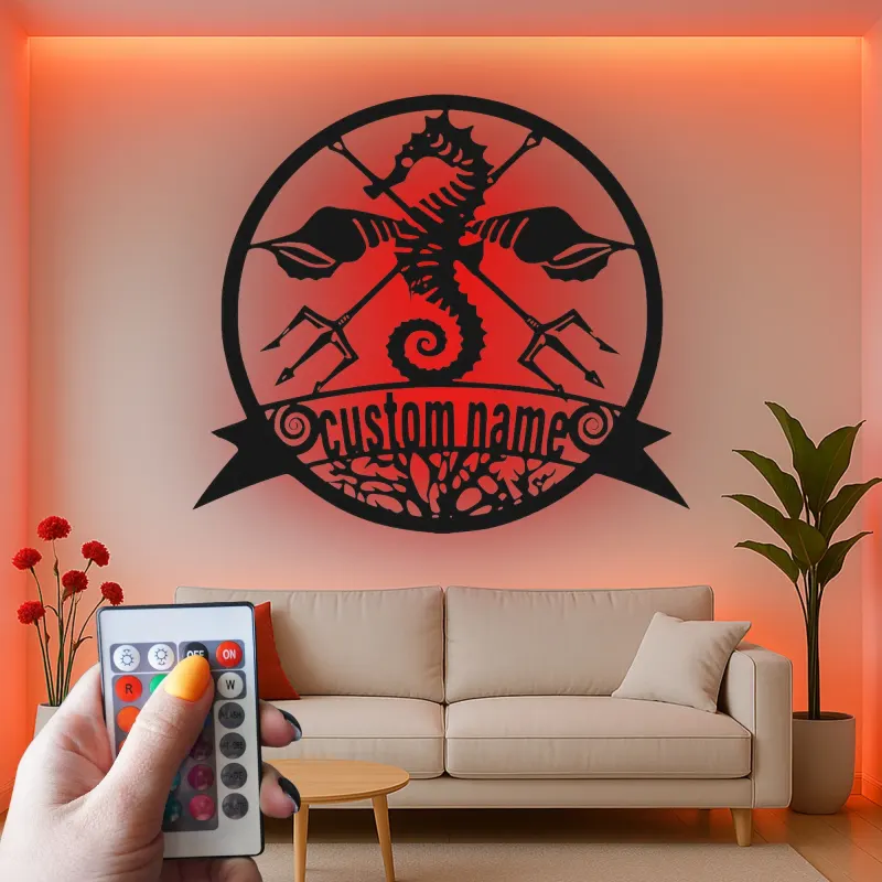 Insegna Personalizzata Cavalluccio Marino & Tridente | Insegna in Metallo LED | Decor Nautico Personalizzato per Casa al Mare o Attività Costiera