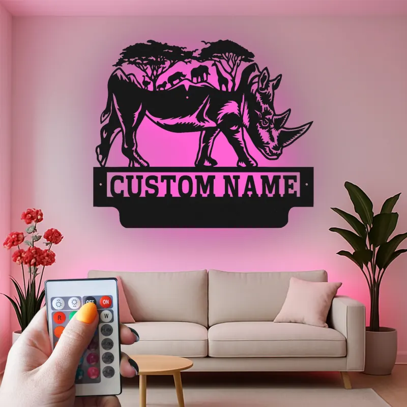 Custom Rhino Safari Metal Sign | LED Backlit Wildlife Wall Art | Personalized Animal Decor | Premium Laser Cut Gift