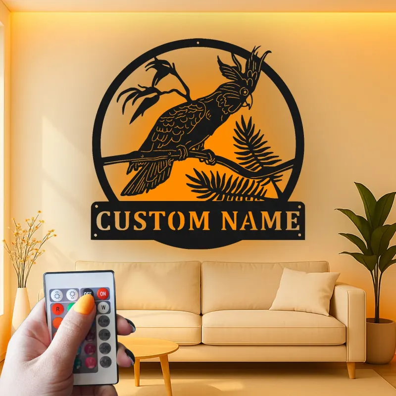 Cartel de metal personalizado de Cockatoo con luz LED Regalo para amante de aves Decoración de sala de estar o patio