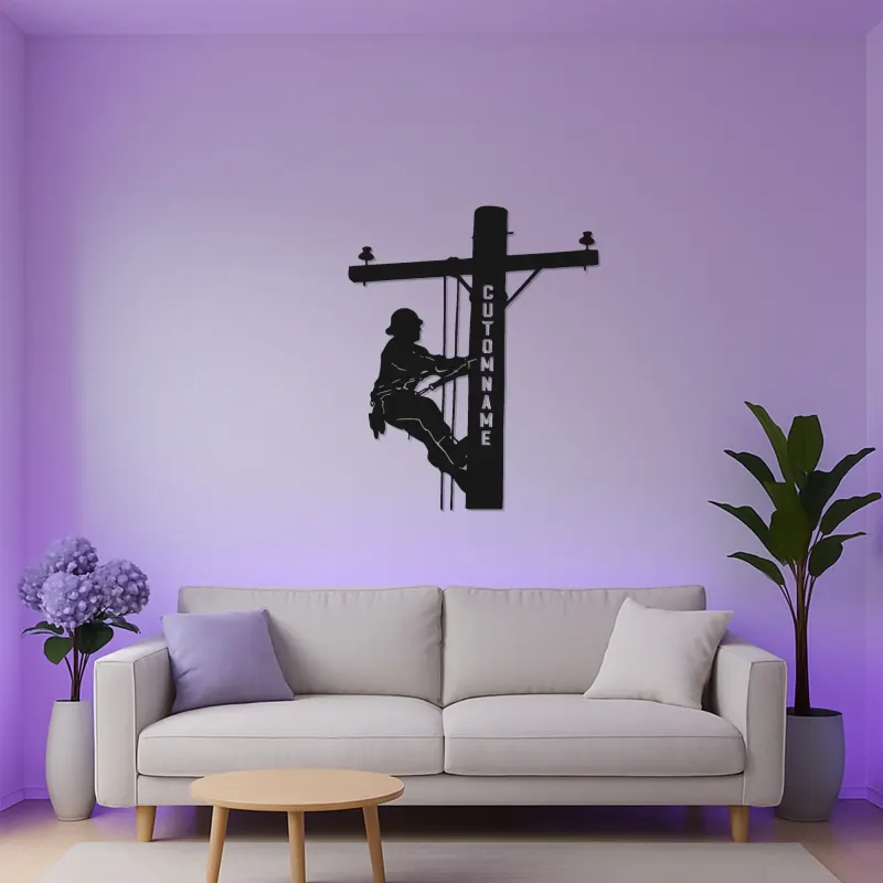 Lineman LED Metall-Wandkunst | Personalisierte Elektriker Geschenk | Individuelles Utility Worker Silhouette Schild mit RGB-Lichtern