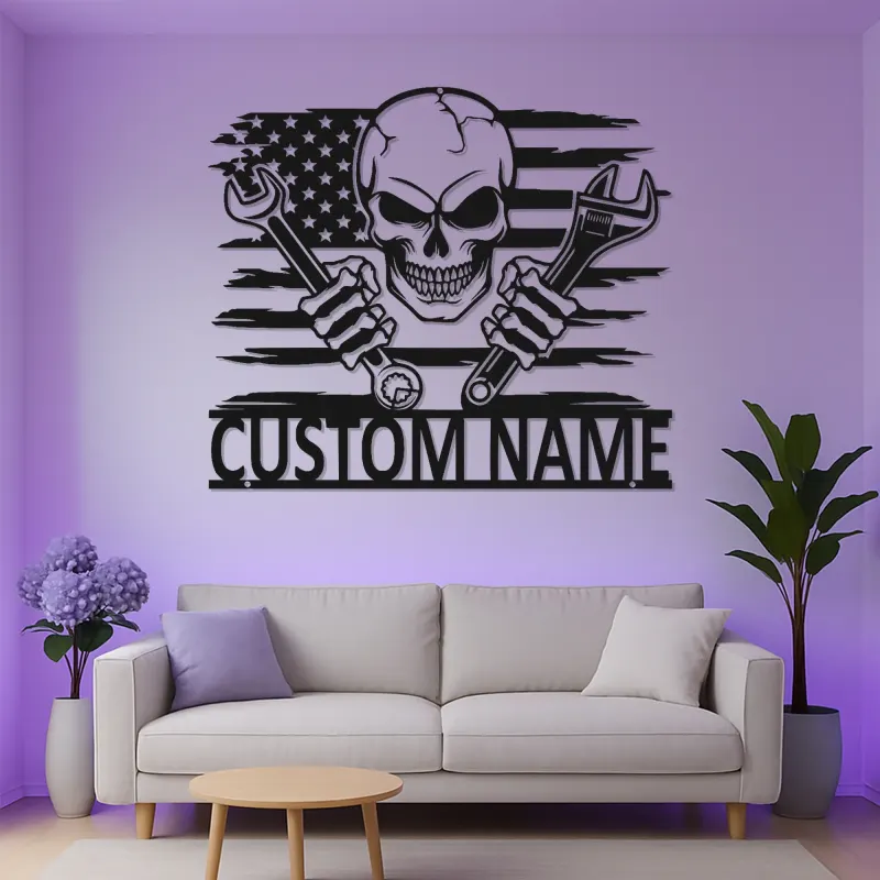 Insegna LED Meccanico Teschio | Arte in Metallo Personalizzata | Decorazione per Garage e Officina Auto | Regalo per Meccanico