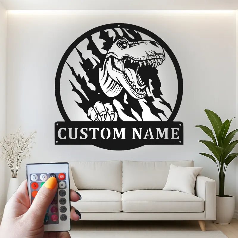 Cartel de metal personalizado de luz LED de dinosaurio T-Rex regalo personalizado para la habitación o sala de juegos de los niños