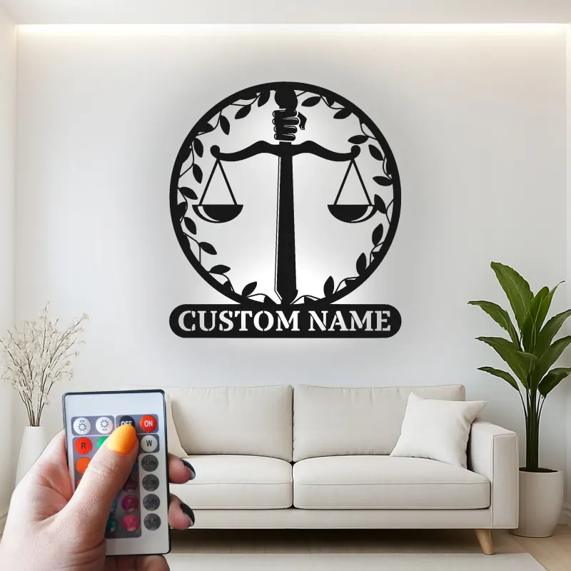 Panneau balance de la justice pour avocat | Décoration murale en métal LED personnalisée | Décor sur mesure pour cabinet d’avocat | Cadeau pour avocat