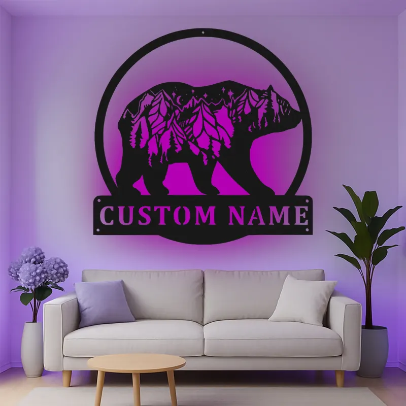 Custom Bear and Mountain Scene Led Light Metal Wall Art Personalized Nature Lover Gift Cabin Decor