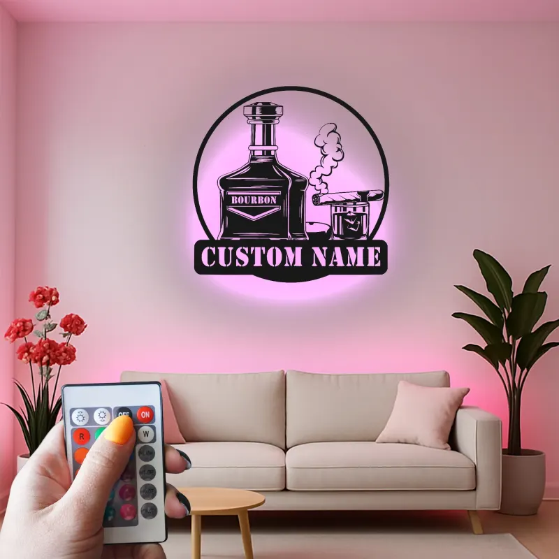 Décoration murale en métal personnalisée avec éclairage LED pour amateurs de bourbon et de cigares