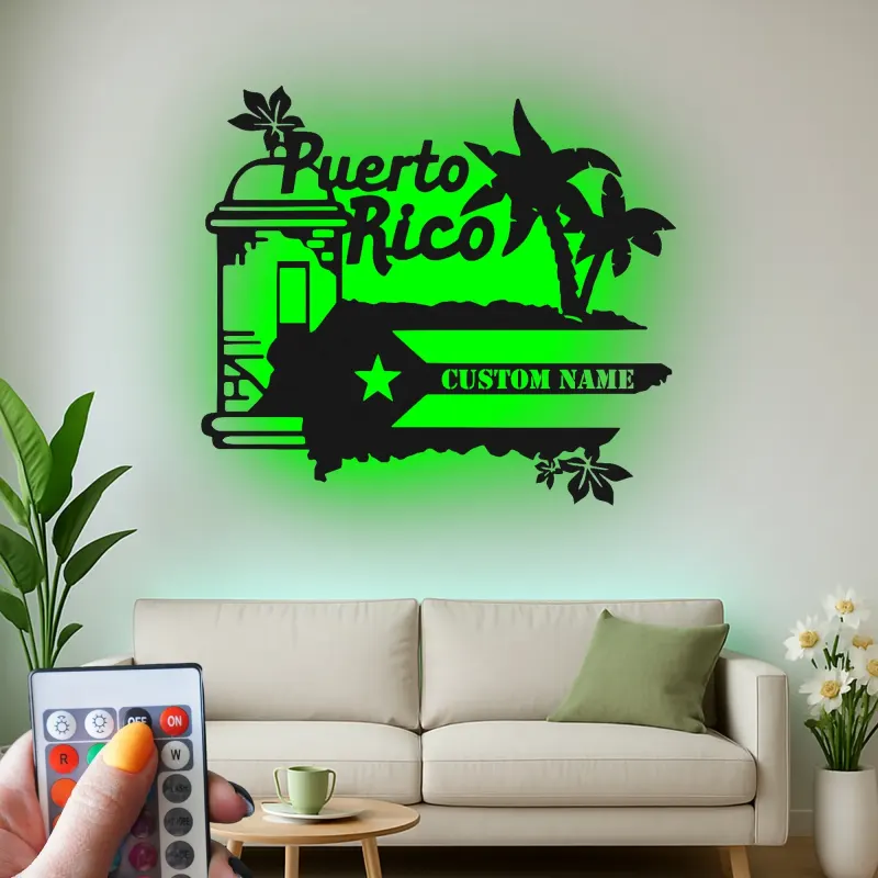 Panneau Métal LED Porto Rico Personnalisé | Art Murale Palmier des Caraïbes Personnalisé | Décor Boricua & Idée de Cadeau Insulaire