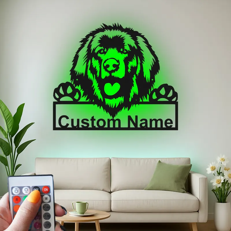 Cartel de metal personalizado con luz LED de perro de Terranova, regalo para padres de mascotas, decoración de salón o entrada 1