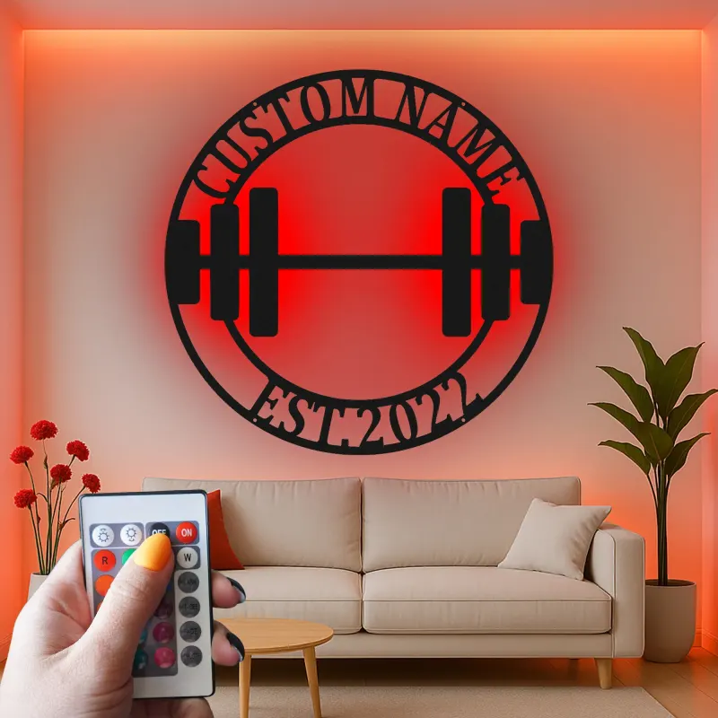 Insegna palestra personalizzata con luce LED | Decorazione murale in metallo personalizzata per casa e studio fitness | Idea regalo per weightlifting