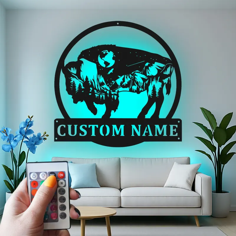 Custom Bison Mountain Scene Led Light Metal Wall Art Personalized Nature Lover Gift Rustic Home Decor