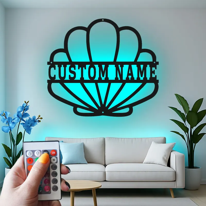 Personalisierte Muschel-Metallschild mit LED | Personalisierte maritime Wandkunst | Dekoration für Strandhäuser & Küstengeschäfte
