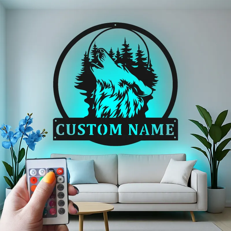 Décoration murale en métal personnalisée de loup hurlant avec rétroéclairage LED - Cadeau personnalisé pour les amoureux de la nature - Décor de cabane rustique 1