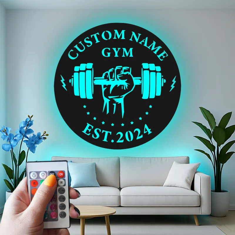 Insegna palestra personalizzata con luce LED | Decorazione murale in metallo personalizzata per home gym | Logo weightlifting per appassionati di fitness