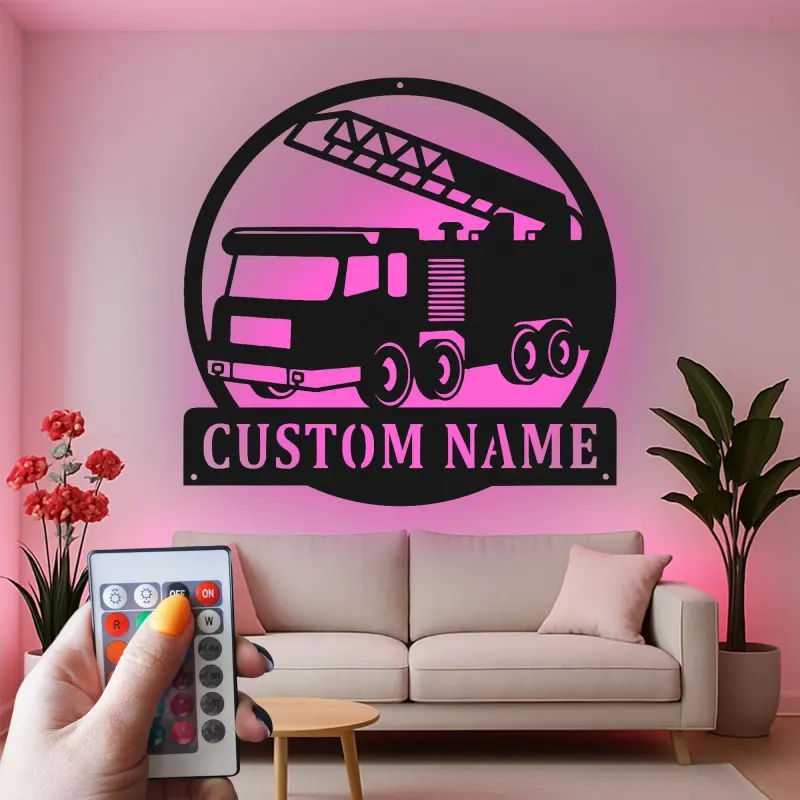 Custom Fire Truck Metal Sign | Personalized LED Name Plaque | Firefighter Gift for Kids Room & Fire Station Decor | Hand-Crafted Wall Art